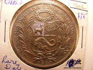 Peru Silver 1 Sol,  1930,  Scarce With Minatge Only 76,  000,  Au photo