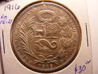 Peru Silver 1 Sol,  1916 - Fg,  Uncirculated photo