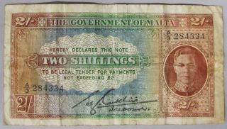 1942 Government Of Malta 2 Shillings Currency Note - - King George Vi,  Vf. photo