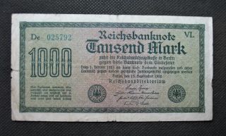 Old Bank Note Germany 1000 Reichsbanknote 1922 Weimar Republic De 025792 Vl photo