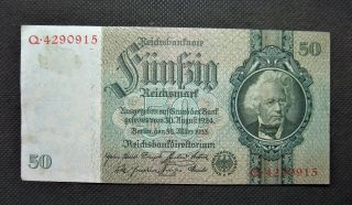 Old Bank Note Of Nazi Germany 50 Reichsmark 1933 Third Reich Serial No Q4290915 photo