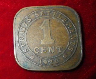 1920 Straits Settlements 1 Cent Square Coin George V King And Emperor Of India photo