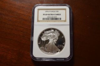 1993 - P Proof Silver Eagle American Dollar $1 Ngc Pf69 Ultra Cameo photo