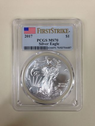 2017 $1 Pcgs Ms70 Silver Eagle First Strike Flag Label photo