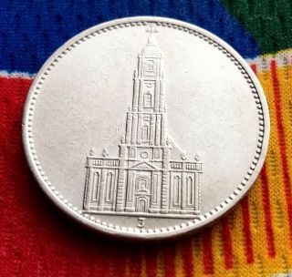 1934 J Ww2 5 Mark 90 Silver German Garrisonkirche 3rd Reich Coin photo