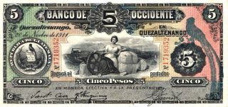 1911 Banco De Occidente - Guatemala 5 Pesos In Xf Pick: 176b photo