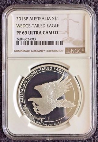 2015 - P 1oz Silver Australia Wedge - Tailed Eagle Ngc Pf69 Ucam - photo