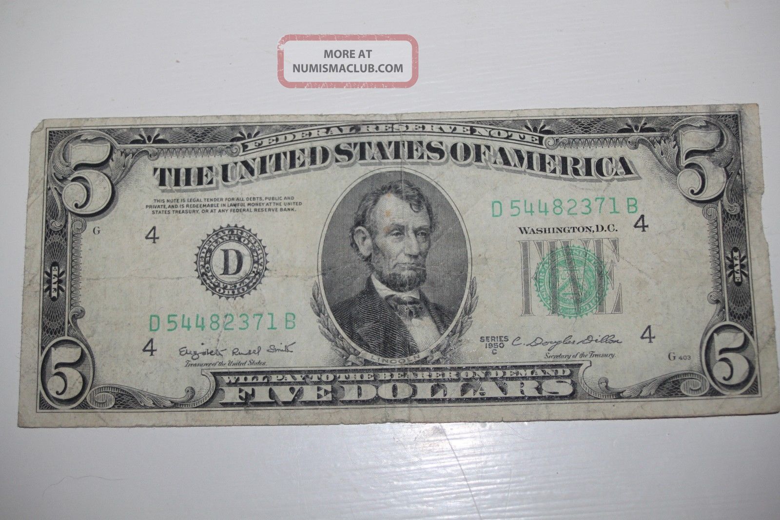 1950 $5 Federal Reserve Note.  Cleveland,  Usa.  Five Dollar Bill Old Fiver Still Small Size Notes photo