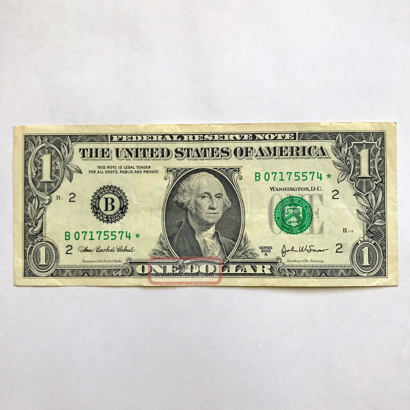 Star 2003 - A $1 Dollar Bill Low Serial B07175574 Ny Federal Reserve Note Small Size Notes photo