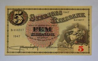 Sweden 5 Kronor 1947 In Au Unc Crisp Banknote Look At Signature photo