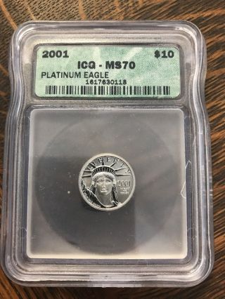 2001 $10 American Platinum Eagle 1/10 Oz.  999 Icg Ms70 0.  10 Oz photo