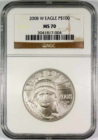 2008 - W $100 American Platinum Eagle Ngc Ms70 Low Mintage - 2876 1 Oz.  Issued photo