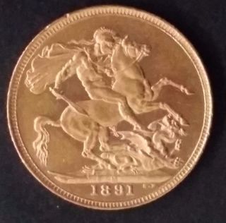1891 Australia One Sovereign Gold (. 916) Coin Queen Victoria M Mintmark photo