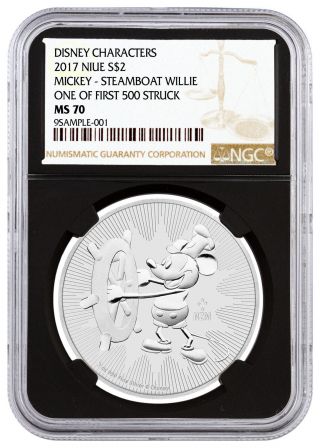 2017 Silver Mickey Mouse Steamboat Willie $2 Ngc Ms70 First 500 Black Sku45495 photo