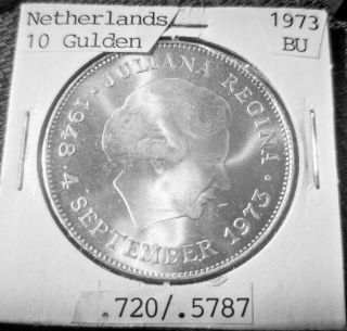 1973 Large Dutch 10 Guilder Ms Proof Like Large Silver Coin Wow photo