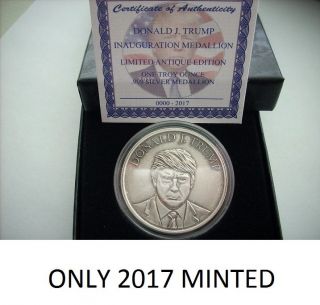 Donald Trump 1 Oz.  999 Silver Coin Antique Inauguration Coin Potus Cert - Box photo