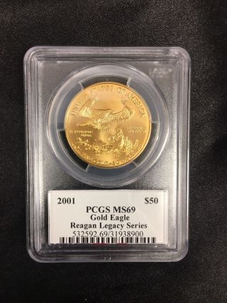 Michael Reagan Gold Coin 2001 $50 Pcgs Ms69 Gold Eagle Reagan Legacy Series photo