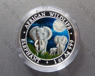 Somalia 2014 African Wildlife Elephant Night Color 1oz Silver Coin photo