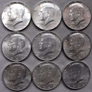 Nine 1964 Silver Kennedy Half Dollars - photo