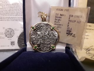 1622 Atocha Spanish 8 Reales Coin 14k Gold Bezel Emerald Diamond Mel Fisher photo