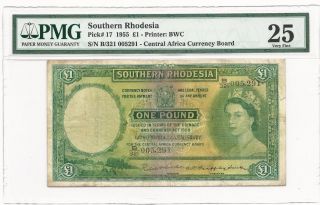 Southern Rhodesia 1955 1 One Pound Banknote Pmg25 Vf,  Pick 17,  Rare Issue Qeii photo