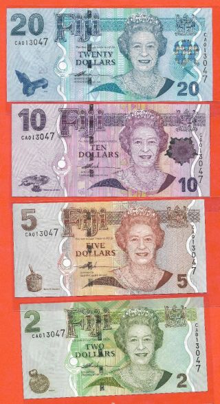 Fiji 2,  5,  10&20 Dollar Qeii,  Match Serial Num.  Unc Paper Banknote photo