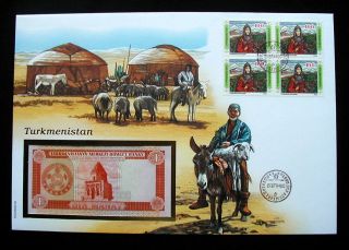 1992 Turkmenistan Unc Banknote 1 Bir Manat On Cover & Stamps photo