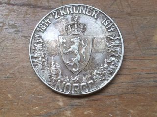 1914 Norway 2 Kroner Silver Coin Crown Constitution Km 377 photo