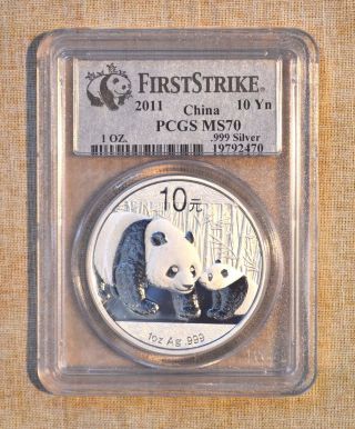 2011 Silver China Panda Coin - 10 Yn - 1 Oz - Pcgs Slabbed - Ms 70 photo