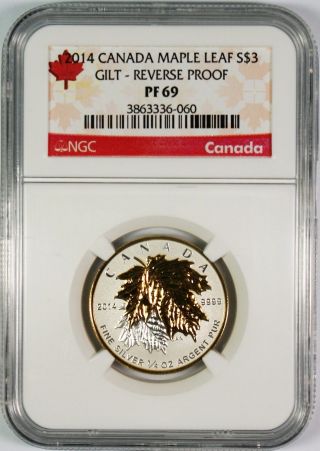 2014 $3 Canada Gilt Reverse Proof 1/4 Oz.  Silver Maple Leaf Ngc Pf69 photo
