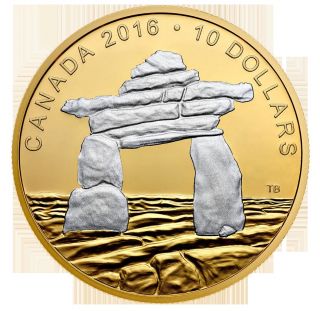 2016 Gold Plated Fine Silver Coin,  Iconic Canada Inukshuk,  In Hand,  No Tax photo