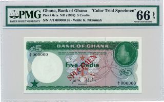 Bank Of Ghana Ghana 5 Credis Nd (1965) Color Trial Spec. ,  A/1 000000 Pmg 66epq photo