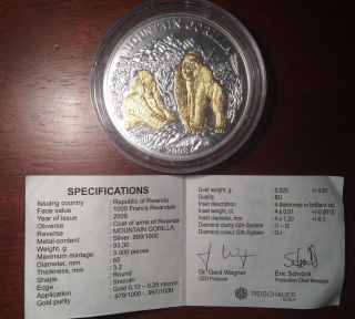 2008 Rwanda Mountain Gorilla 3 Oz 93.  3 Gr Pure.  999 Silver Coin 4 Diamonds & photo