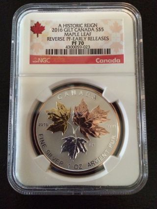 2016 $5 Canada Silver Maple Leaf Gilt Ngc Pf70 Reverse Proof Er Pink Gold 1 Oz photo