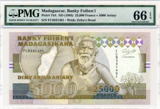 Banky Foiben ' I Madagascar 25000 Francs Nd (1993) Pmg 66epq photo