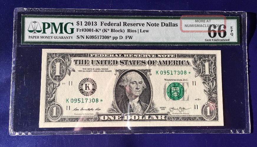 2013 $1 Federal Reserve Note Frn K - Star Cu Unc Pmg Gem 66 Epq Small Size Notes photo