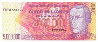 Nicaragua 5,  000,  000 Córdobas Nd.  1990 P 165 Series Fb Uncirculated Banknote photo