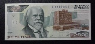 Mexico Banknote 2000 Pesos,  Pick 82a Unc 1983 - Low Serial Aa002051 photo