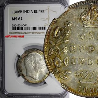 India - British Edward Vii Silver 1906 B Rupee Ngc Ms62 Gold Toned Km 508 photo