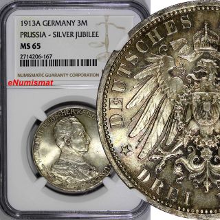 German States Prussia Wilhelm Ii Silver 1913a 3 Mark Ngc Ms65 Toned Km 535 photo