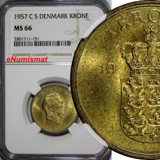 Denmark Frederik Ix Aluminum - Bronze 1957 Cs 1 Krone Ngc Ms66 Top Grade Km 837.  2 photo