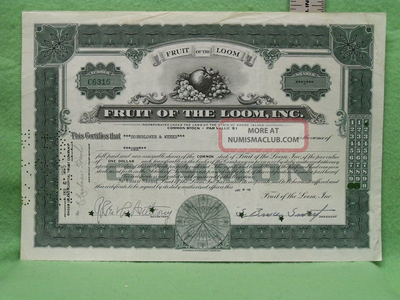 Fruit Of The Loom, Inc. 1945 Common Stock 1 Shares Certificate Near