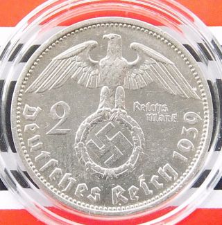 German Coin 2 Mark Reichsmark 1939 E Swastika Hindenburg Silver 3rd Nazi Ww2 Rar photo
