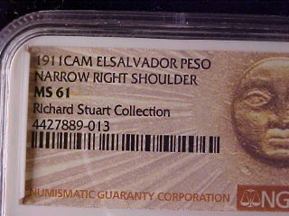 El Salvador One Peso 1911 Narrow Shoulder Ngc Ms 61,  Ex - Richard Stuart photo