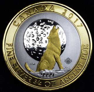 Canada 2017 3/4 Oz Ounce Canadian Silver Wolf Moon Coin 24k Gold Gilded,  Box photo