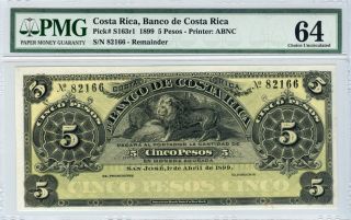 Costa Rica 1899 Issue 5 Pesos Banknote Pmg - Unc - 64.  Pick - S 163r. photo
