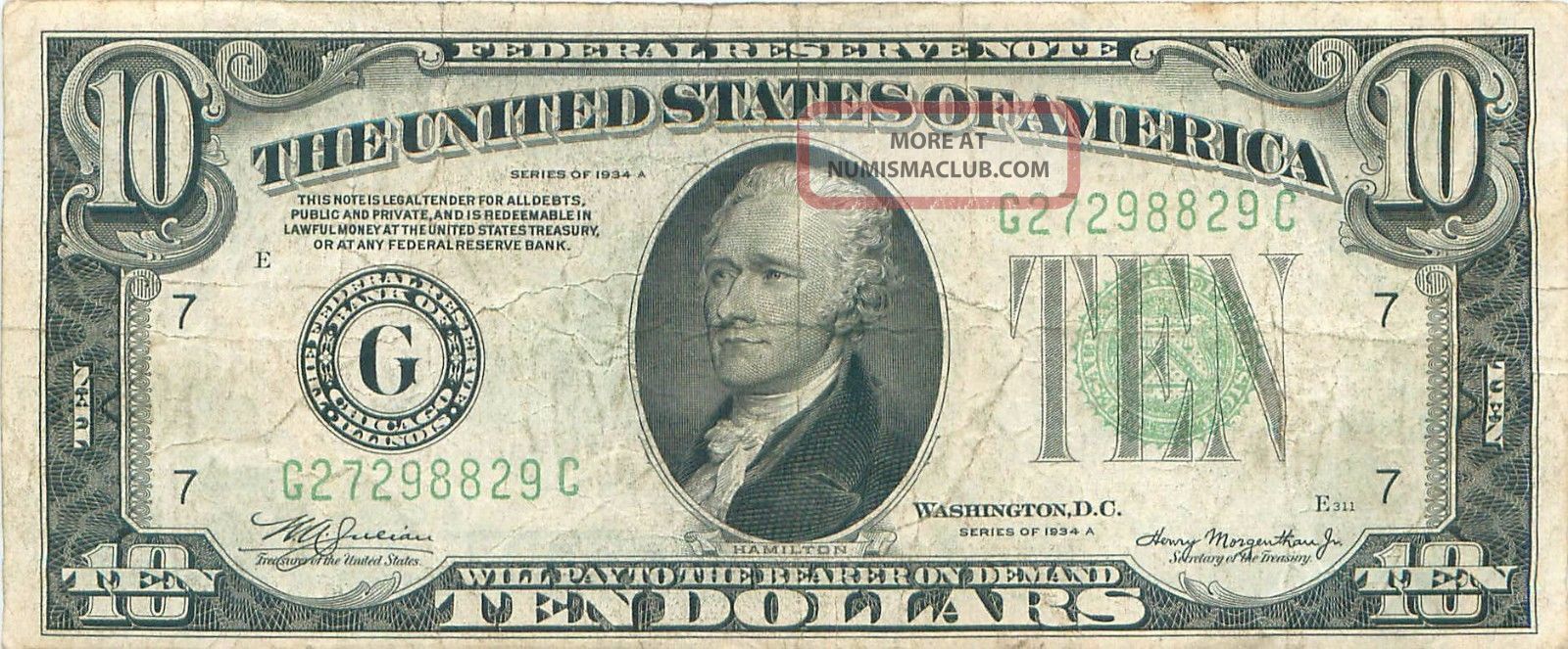 1934 Series A G/c (chicago) $10 Dollar Federal Reserve Note Bill Us Currency Small Size Notes photo