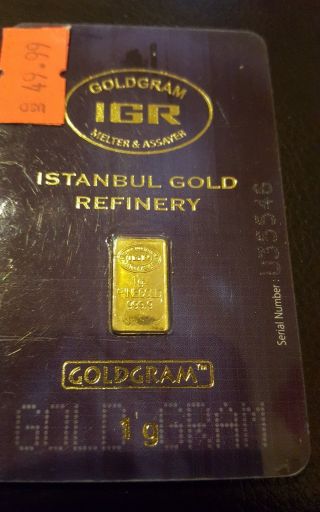 1 Gram Goldgram Istanbul Gold Refinery Igr Bar.  9999 Fine In Assay Card photo
