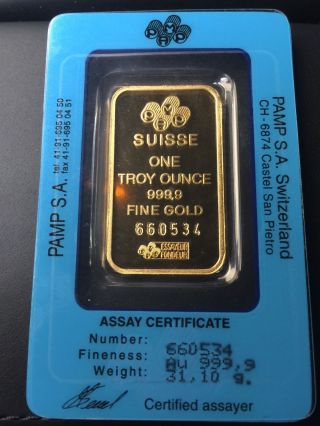 1 - Oz - Gold - Bar - Pamp - Suisse - Fortuna - 999 - 9 - Fine - In - - Assay 1 - Oz - Gold - Bar - Pam photo