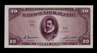 Chile 20 Pesos 1947 E8 Pick 93b Vf - Xf Banknote. photo